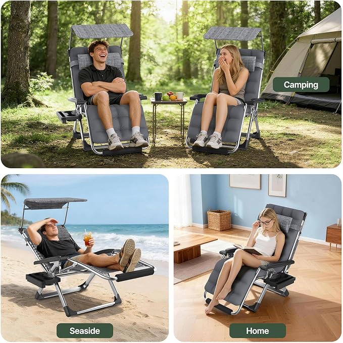 Suteck Zero Gravity Chair with Canopy, 29In XL Oversized Lounge Chairs | w/Removable Cushion&Headrest, Upgraded Lock and Footrest, Folding Reclining Patio Chairs Recliner for Indoor Outdoor