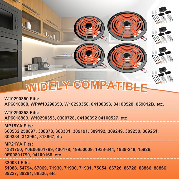 W10290350 W10290353 Porcelain Burner Drip Pans & MP22YA Electric Range Burner Element Unit Set & 330031 Range Burner Receptacle Kit by Cenipar-Compatible with Whirlpool Frigidaire Range Oven/Stove