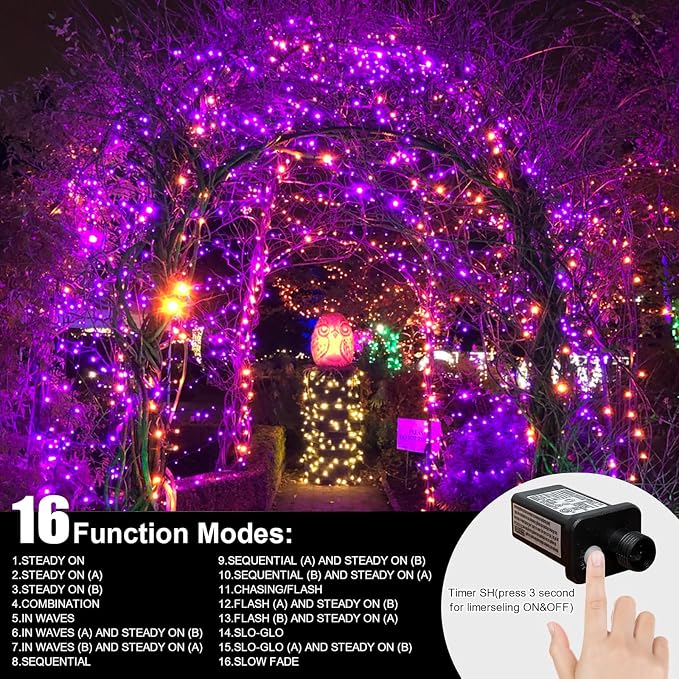 66ft Halloween Decorative Mini Lights, 200 LED Green Wire Fairy Starry String Lights Plug in, 16 Lighting Modes, for Halloween Decoration Outdoor Party Decoration (Orange and Purple)