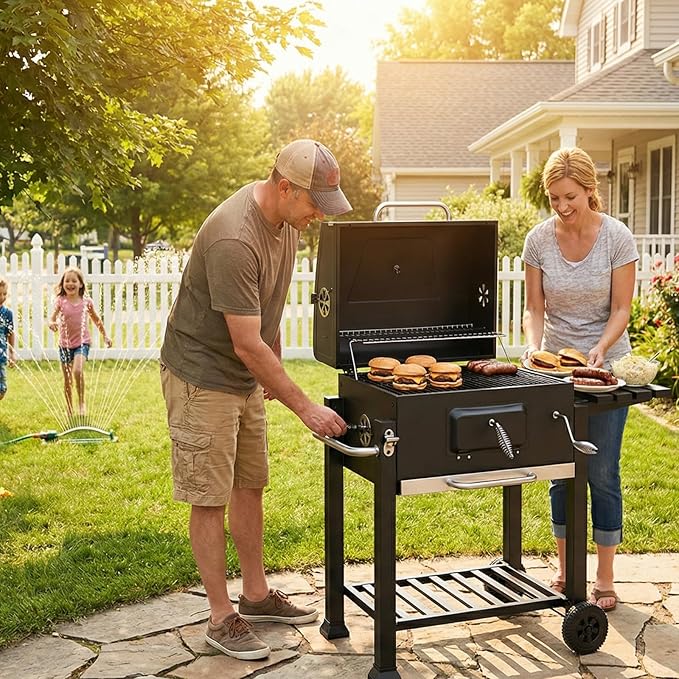 Portable Charcoal Grill, Large BBQ Grill with Height Adjustable Charcoal Pan, Built-in Thermometer & Foldable Side Table, Outdoor Charcoal Grill Portable for Patio Backyard Picnic Camping