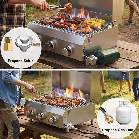 Bestfire 3-Burner Tabletop Gas Grill, Dual Connections, 30,000 BTU Portable Propane Grill, Stainless Steel Knobs/Grates, Compact & Detachable Legs for Camping, RV, BBQ