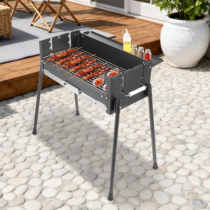 Outdoor BBQ Grill, Barbecue Wood Charcoal Grill with 201 Stainless Steel, Folding Portable BBQ Tool Kits, 3-Gears Height Adjustment Standing BBQ Grill for Outdoor Hiking, Cooking Camping Picnics