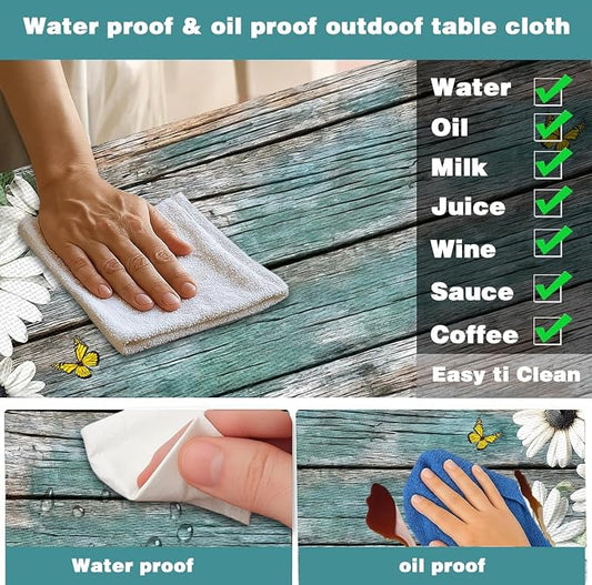 Daisy Flowers Picnic Table Cover with Bench Covers and Bag, Camping Essentials, Wooden Grain Waterproof Windproof, Fitted Tablecloth Cover with Elastic Edge, for Indoor & Outdoor, 3 PCS, 30x60 Inch