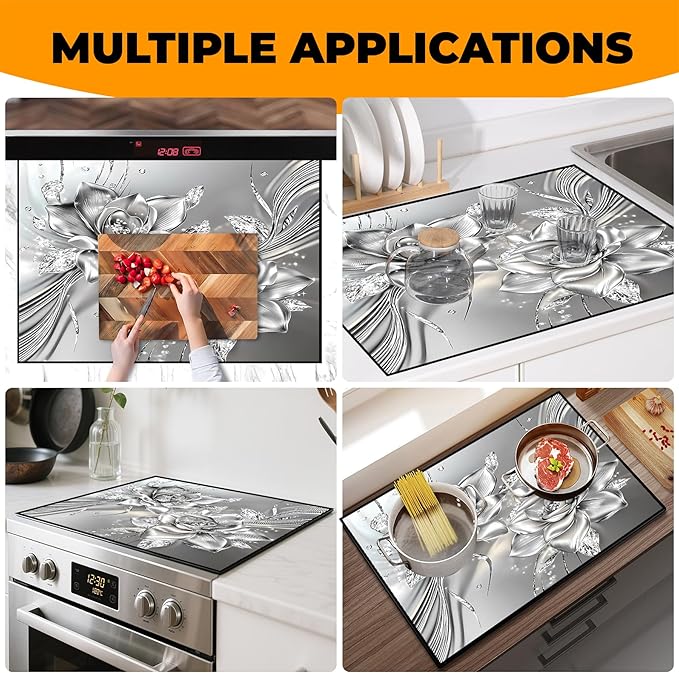 Heat-Resistant Glass Stove Top Cover with Anti-Slip Rubber Coating – Electric Stove Protector, Scratch-Resistant, Counter Space Decor Mat (Rose, 28.5"L x 20.5"W)