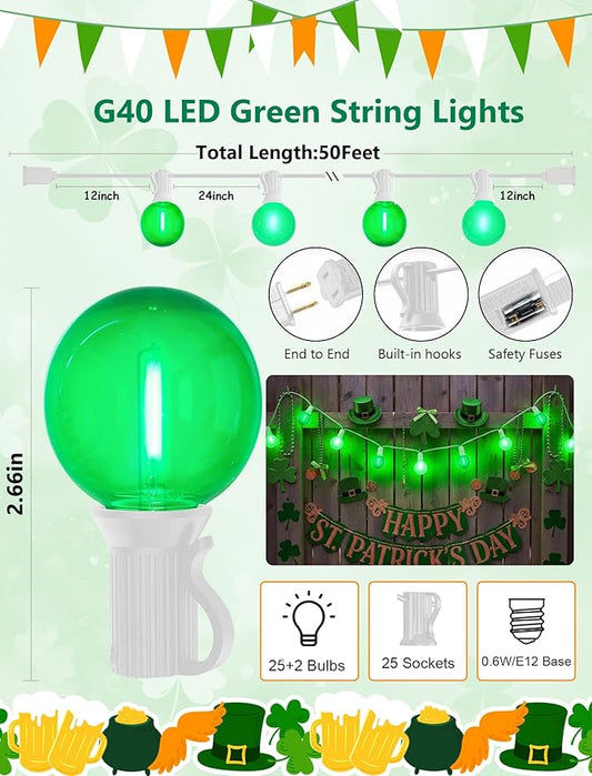 50FT G40 LED Outdoor Globe String Lights, St. Patrick's Day Decorations Lights Outdoor with 27 Shatterproof Green Bulbs, Hanging Globe Patio Lights Waterproof for Outside Party Wedding Porch Backyard