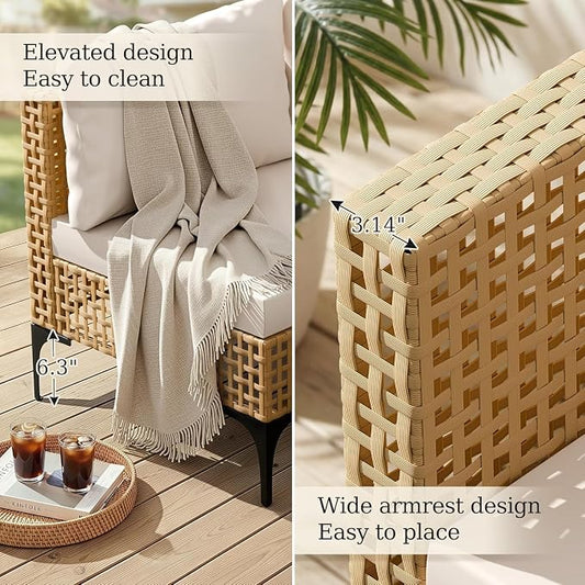 Devoko Patio Furniture Set,7 Pieces Outdoor Wicker Sectional Couch with Thick Cushions &Glass Tabletop, PE Rattan Backyard Conversation Sofa with Coffee Table for Deck, Porch(7pc)
