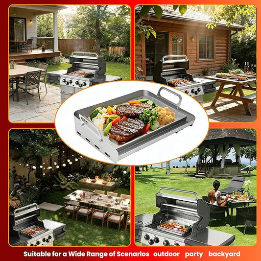 Universal Stainless Steel Griddle for Gas Grill and Gas Stove, 17” X 13” Flat Top Griddle With Handle for Weber, Nexgrill, Charbroils and Kenmore, Gas Griddle for Tailgating, Camping, and Party