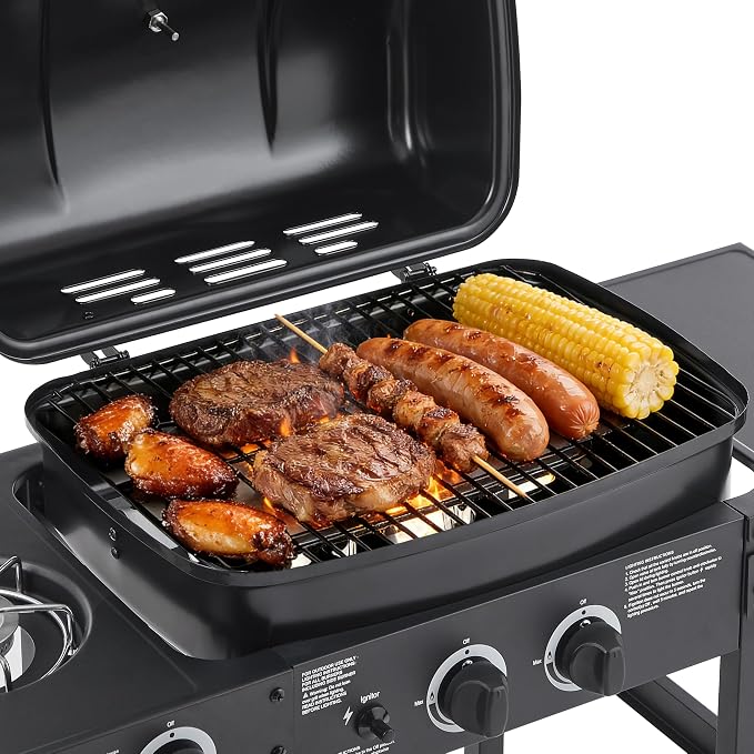 37" Stainless Steel Outdoor Kitchen BBQ Island Grill with LPG Black | 2 Burner 24000 BTU Enameled Grates and Side Tables for Outdoor Cooking Kitchen and Patio Backyard