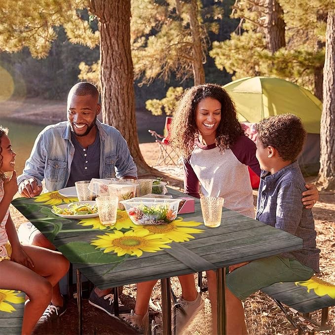 Sunflowers Picnic Bench Fitted Table Cover, Brown Yellow Helianthus Against Weathered Aged Fence Table Cloth, 28x72 Inch, 3 Piece Set, for Picnics Indoor and Outdoor Dining Decor