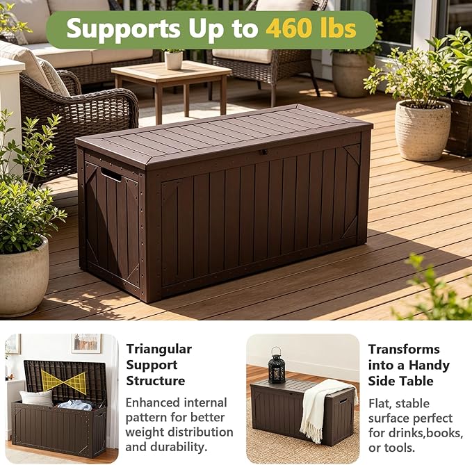 Outdoor Storage Box, 95 Gallon Deck Box Outdoor Storage Bench, Outside Waterproof Resin Storage Bench, Lockable Patio Cushions, Garden Tools Storage for Furniture, UV Resistant (Brown)