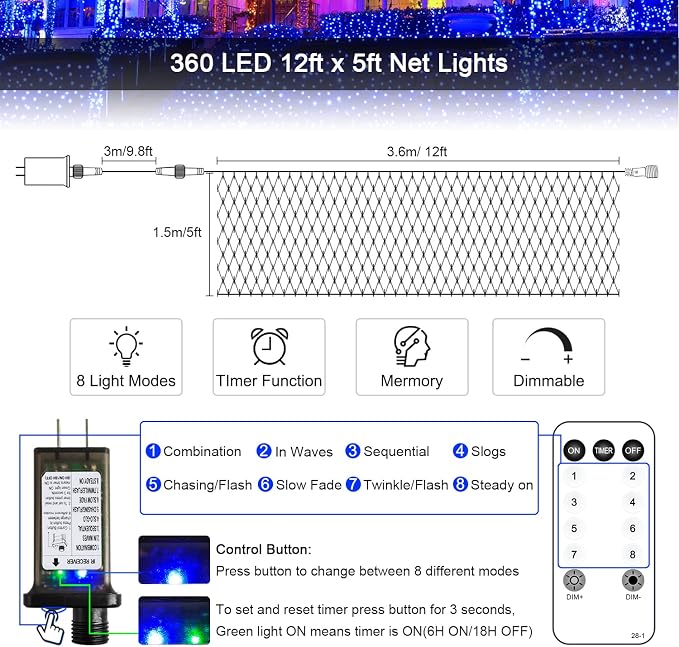 JMEXSUSS 360 LED Christmas Net Lights, Blue, 12ft x 5ft | Outdoor Waterproof, Connectable, Plug in, Mesh Lights with Remote for Bushes Shrubs Christmas Decorations