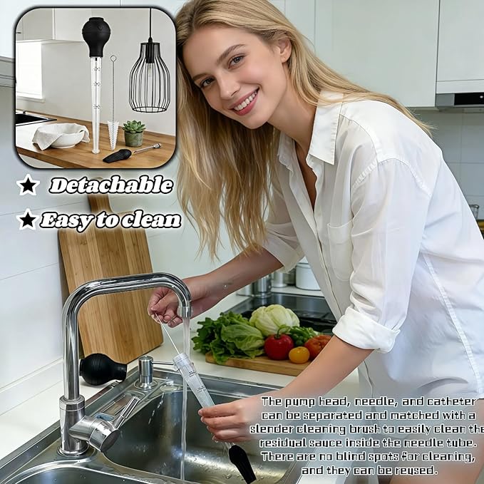 Turkey Baster with Cleaning Brush, Meat Injector Syringe with Detachable Silicone Bulb, 304 Stainless Steel Needle and Basting Brush for Roasting Chicken, 22ml Capacity (Black)