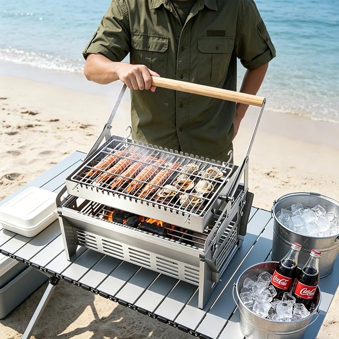 Portable Charcoal Grill Family Rotisserie Kit For Camping Yard 360°Rotating | Portable Stainless Steel Charcoal Grill Wind-Up Spit Rotisserie Kit For Camping Tailgate Backyard Picnic Barbecue Cookouts