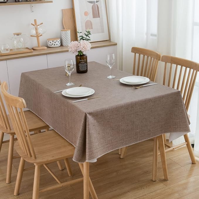 LIBERECOO Vinyl Tablecloth with Flannel Backing, Flaxen, Waterproof, Stain-Resistant, Easy-Clean Table Cover for Dining, Kitchen, and Outdoor Use, 60" x 84" Rectangle