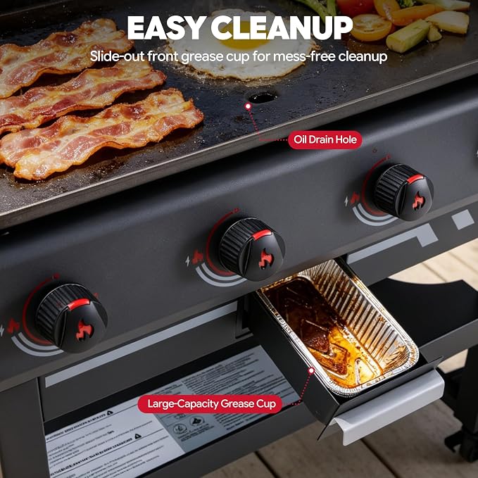 Feasto 36-Inch 4 Burner Propane Flat Top Grill with Hood and Side Burner | 720 Sq. In. Outdoor Griddle with Protective Hood, 50,000 BTU Main Burners, 13,000 BTU Lidded Side Burner, Folding Side Table