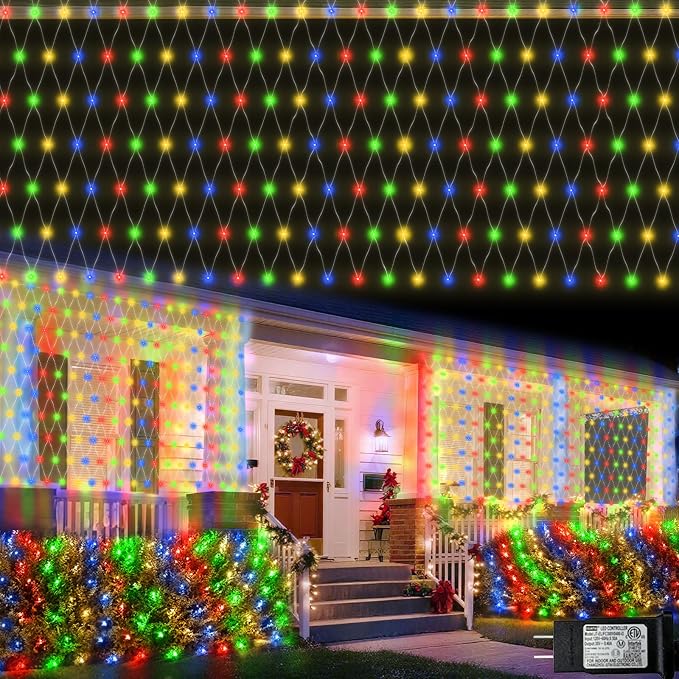 Pooqla Colorful Net Lights, 34.5X 5ft Christmas Lights Outdoor Clear Wire | 610 LED Large Net Mesh Lights Plug in, 8 Modes Waterproof Connectable Multicolor Bushes Lights for Christmas Hedge Yard Decor