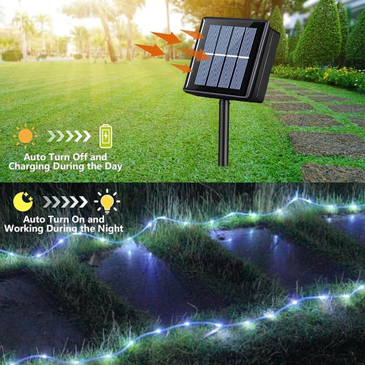 QITONG White Solar Rope Lights, 2 Pack Each 33ft 100 LED String Light Outdoor Waterproof, 8 Modes Fairy Lights in Clear Thin Tube