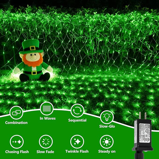 QITONG Green Net Lights Outdoor Mesh Lights, 360 LED 12ft x 5ft Christmas Net Light with 8 Modes, Clear Wire Bush Light Plug in
