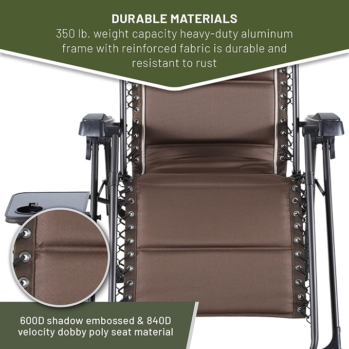 TIMBER RIDGE Zero Gravity Chairs, Folding Recliner Chair Padded with Cup Holder and Headrest, Adjustable Lounge Reclining Chair for Outdoor Camping Lawn Patio Indoor, Supports 350lbs, Brown | Padded Foldable Lounger with Sliding Headrest and Cup Holder...