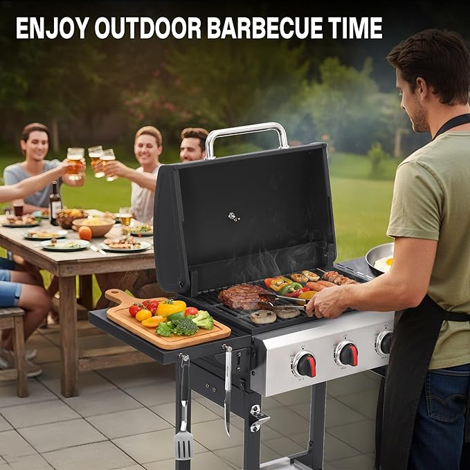 Propane Grill with Folding Side Tables, 3-Burner Gas Grill with Porcelain-Enameled Cast Iron Grates and Stainless Steel Grill Pan, 30,000 BTU BBQ Grill with Wheels for Outdoor Cooking