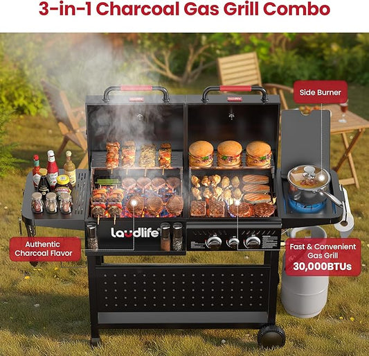 LAUDLIFE Gas and Charcoal Grill Combo with Side Burner, 3 Burners Propane BBQ Grill, 748 SQ.IN Cooking Space, Non-Stick Enamel Coating Grates, Heavy-Duty Stand for Backyard & Outdoor Barbecue