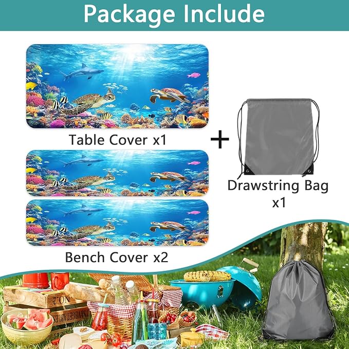 Ocean Animals Picnic Table Cover with Bench Covers, Camping Essentials, Underwater Sea Turtles Waterproof Windproof, Fitted Tablecloth Cover with Elastic Edge, for Garden & Outdoor, 3 PCS, 30x96 Inch