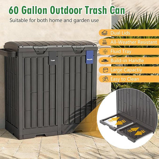 Outdoor Trash Can, 60 Gallon Garbage Can with Tiered Lid and Drip Tray, Waterproof Resin Waste Bin for Patio, Garden, Backyard, Deck, Brown