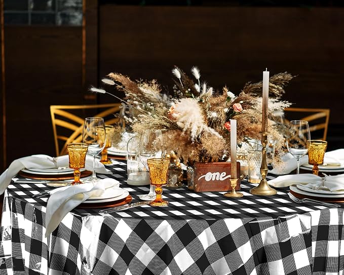 Disposable Checkered Tablecloth Round Plastic Buffalo Plaid Table Cloth 84'' Gingham Tablecover for Picnic Camping BBQ Graduation Party (Black and White, 6 Pieces)