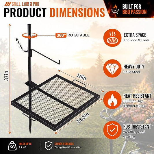 18.5"x16.4" Campfire Grill Grate, Heavy Duty Over Open Fire Cooking Grate with Adjustable Height & 360° Swivel, Portable Foldable BBQ Rack for Outdoor Camping, Tailgating & Patio