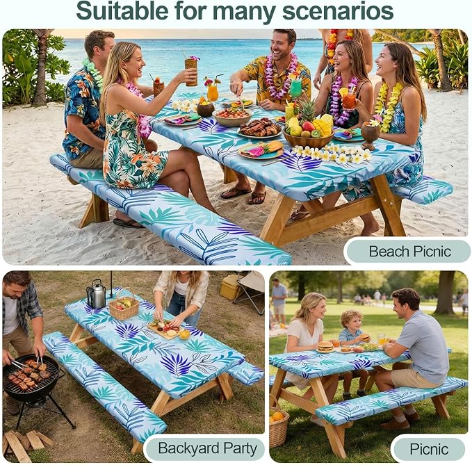Picnic Table Cover Bench Covers Camping Essentials Tablecloth | Waterproof Vinyl for Outdoor, Windproof Elastic Fitted Edges, RV BBQ Accessories Must Haves, Storage Bag Included