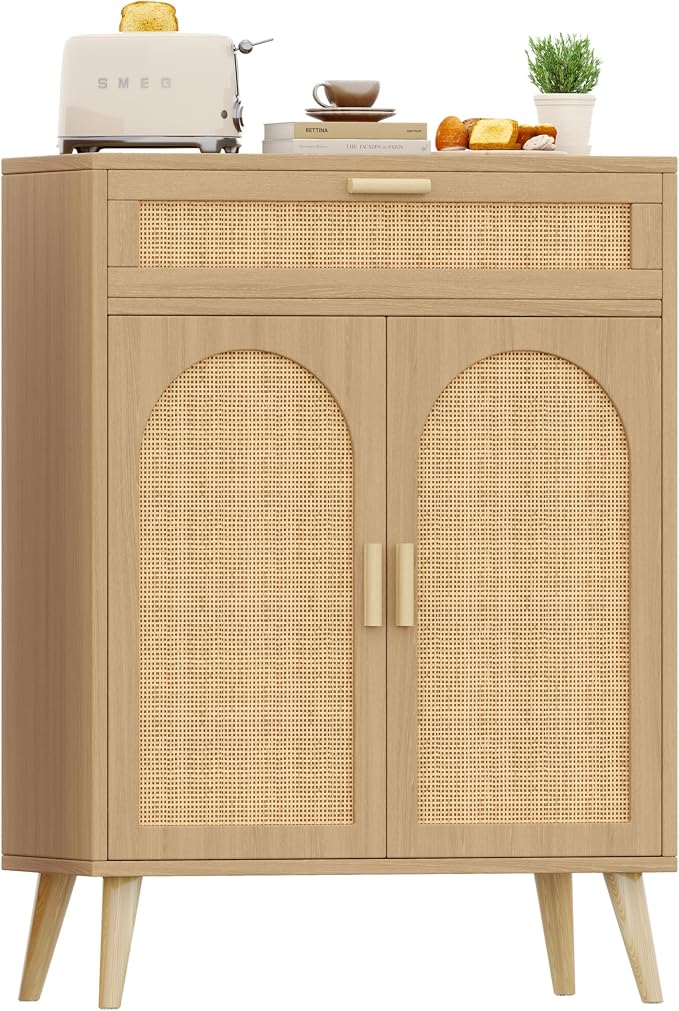 Keehusux Rattan Storage Cabinet with Drawer and 2 Doors, Natural Oak | Accent Sideboard Buffet Cabinet with Adjustable Shelf & Solid Wood Feets, Coffee Bar for Kitchen, Living Room, Entryway