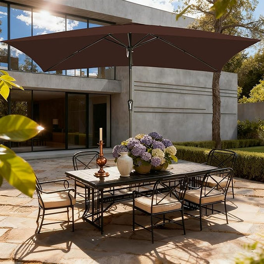 6.5x10FT Rectangular Patio Umbrella with Push Button Tilt & Crank Lift for Garden,UV Protection Outdoor Umbrella for Deck,Pool and Yard,Brown