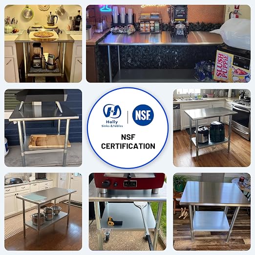 Hally Stainless Steel Table for Prep & Work 14 x 36 Inches NSF Commercial | Metal Heavy Duty Workbench, Adjustment Undershelf, for Kitchen, Restaurant, Home, Hotel, Garage, Pizza Oven, Galvanized Legs