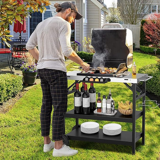 Giantex Outdoor Grill Cart with Wheels, Food Prep Table with 3 Storage Shelves, Detachable Spice Rack, Garbage Bag Holder, 4 Hooks, Movable Dining Cart Worktable Trolley for Outside Kitchen BBQ