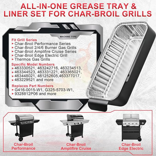 G416-0015-W1 Grill Grease Tray Replacement for CharBroil Performance 463242716 463234513 463344523 G325-5703-W1 463331221 463365021 463448021 9328812P06 Grill Parts with 10 Pack Aluminum Foil Drip Pan