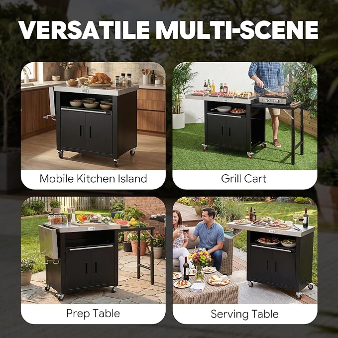 Feasto Outdoor Kitchen Island with Cabinet, Outdoor Grill Table with Stainless Steel Top for Pizza Oven& Griddles, Movable Bar Cart with Pull-Out Plate for Parties& Gathering, Heavy-Duty, L74”x W24”