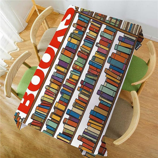 Swono 52x70 Inch Bookshelf Tablecloth Library Bookshelves Books and Ladder Farmhouse Dining Table Cloth Anti-Stain Talking Table Cover for Kitchen Dinning Room Coffee Store