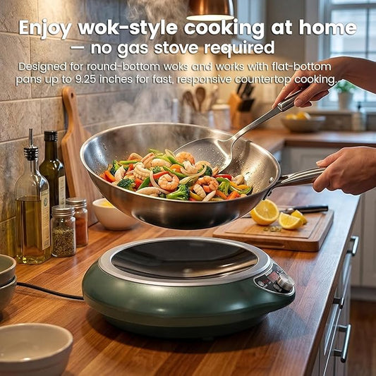 1700W 120V Concave Induction Wok Cooktop, 9.25-Inch Coil, Steady Low-Heat Control, 16 Power Levels, ETL Listed Portable Countertop Burner for Round-Bottom Woks & Flat-Bottom Pans