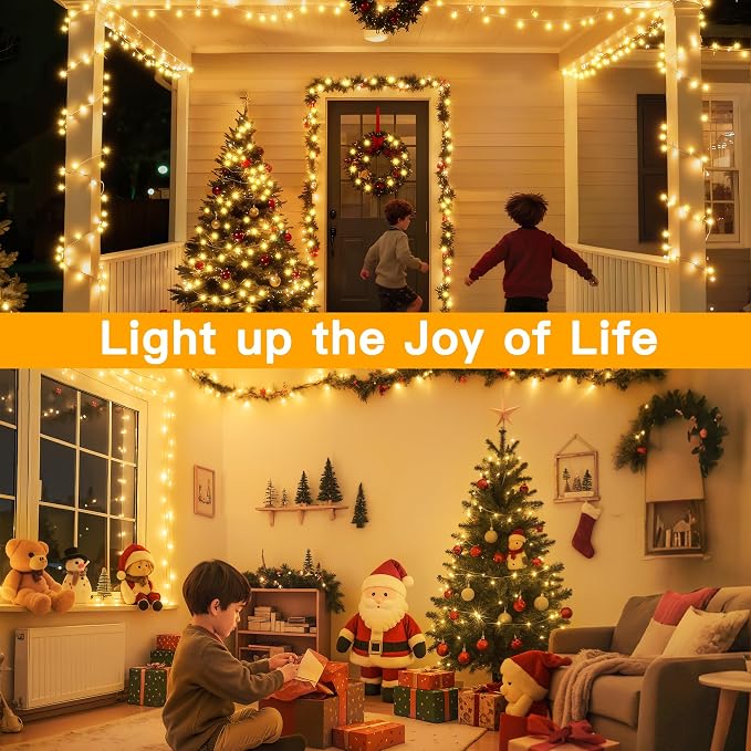 Ollny Christmas Lights 200LED 60FT Indoor, Warm White Connectable Plug in String Light Outdoor, 8 Modes Waterproof Timer LED Fairy Lights for House Outside Bedroom Patio Balcony | Warm White Plug in 8 Modes Fairy Light with Remote Waterproof Timers Dim...