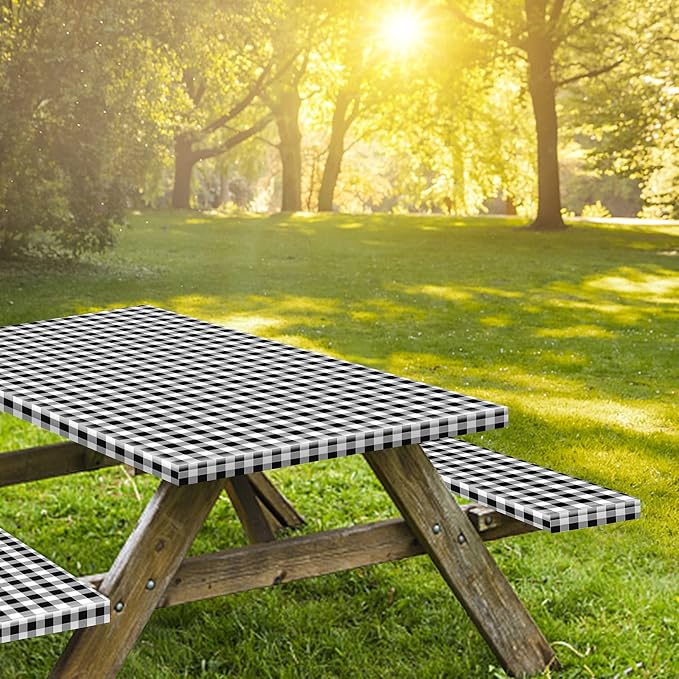5ft 60" Picnic Table and Bench Cover, 3 Pack, Black-White Checkered | Waterproof Windproof, Elastic Fitted Edges Tablecloth, for Rectangle Table & Seat, Camping Essentials RV Gear