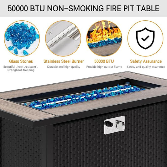 45in Fire Table, Propane Fire Pit with Glass Wind Guard and Rain Cover, Outdoor Firepit Table 50000 BTU 3-in-1 Fire Table for Patio/Yard/Balcony, Walnut Tabletop