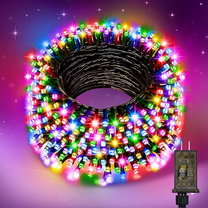Nisocy 100FT Multicolor Christmas String Lights, Green Wire LED Mini Lights with 8 Modes and Timer, Plug-in Indoor Outdoor Lights for Trees, Porch, Fence, Parties, Halloween and Holiday Decor