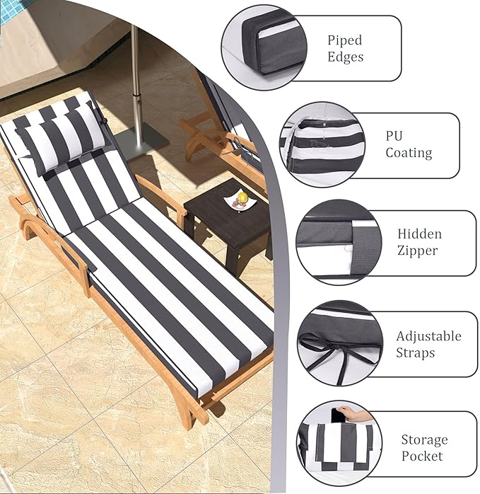 Chaise Lounge Cushions Outdoor Set of 2 Lounge Chair Cushion 80" L x 26" W with Headrest Straps 3'' Thick Waterproof Patio Chaise Cushions Pool Lounger Chair Cushion(Black Stripe)