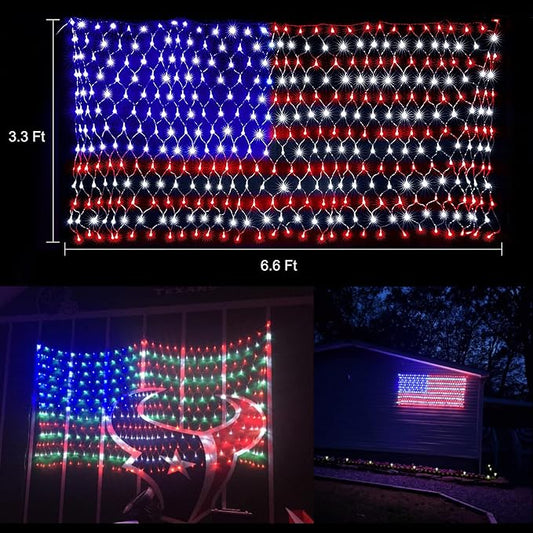 HYH American Flag LED Lights, 420 LEDs Net Light Up Flag Outdoor Waterproof | USA Super Bright Flags Light for 4th of July, Memorial Day, Independence Day, Garden Yard Holiday Party Christmas Decoration