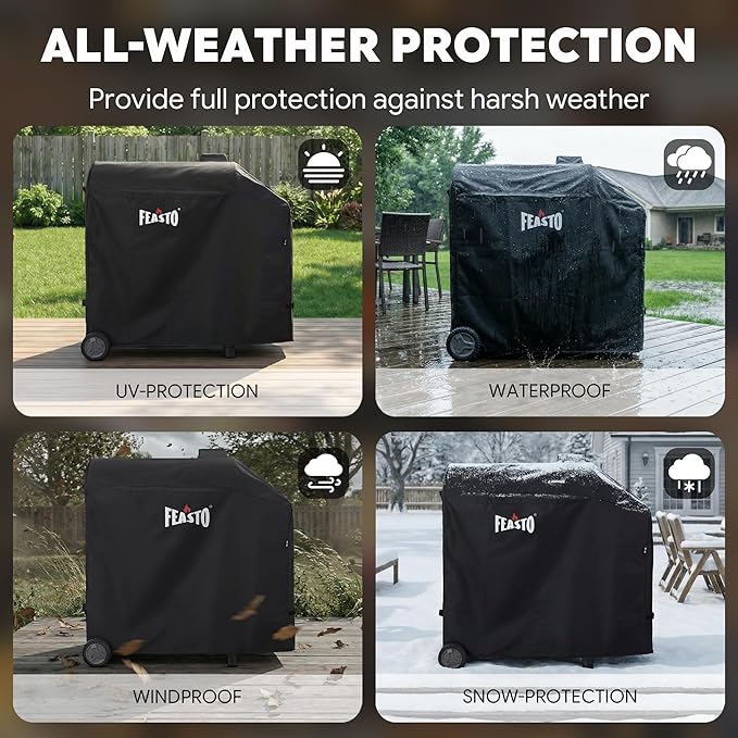 FEASTO 44-Inch Outdoor Grill Cover for Charcoal Grill with Side Table, Waterproof 600D Heavy Duty BBQ Grill Cover, with Handles & Hook and Loop Straps, Black