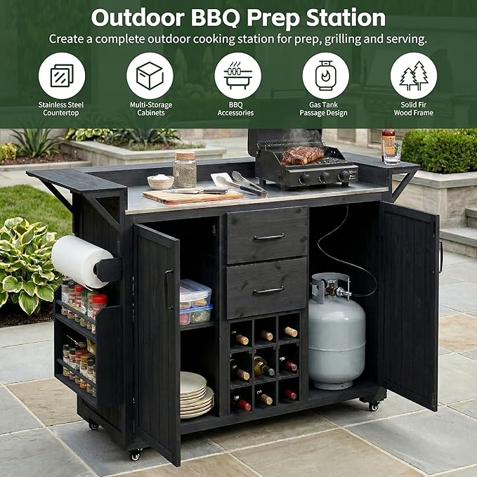 60.2-inch Mobile Outdoor Kitchen Island, Wooden BBQ Table with Stainless Steel countertop, Mobile BBQ Trolley with Storage Cabinet, 2 Storage compartments, Wine Rack and Spice Rack