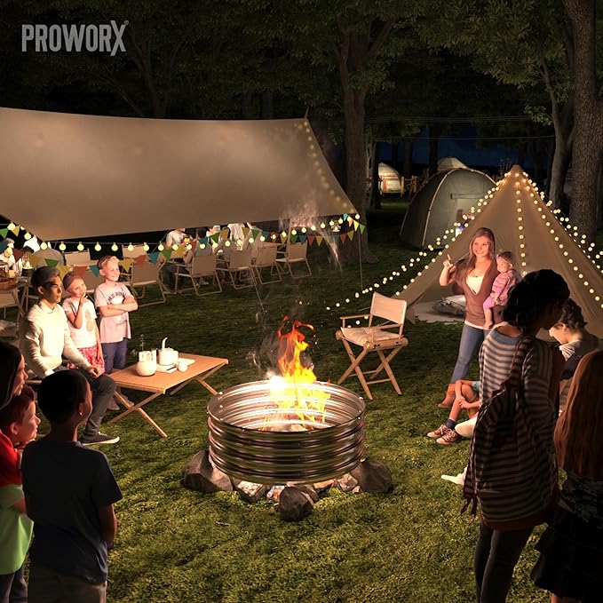 PROWORX 60 Inch Outdoor Fire Pit Ring, Round Galvanized Portable Fire Pit for Camping, Metal Steel Bonfire Fire Ring for Outside, Backyard