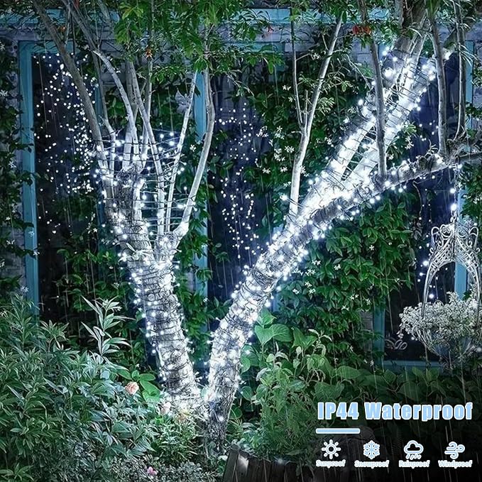 YEGUO Solar String Lights Outdoor Waterproof, 2 Packs Each 33ft 100 LED White Lights, 8 Modes Twinkle Light for Christmas Tree Outside Garden Yard Xmas Decor