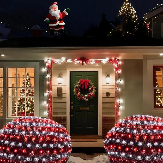 Pooqla Red and White Christmas Net Lights Outdoor, 21x 5ft Green Wire | 360 LED Large Net Mesh Lights Plug in, 8 Modes Waterproof Connectable Bushes Lights for Christmas Hedge Yard Decor