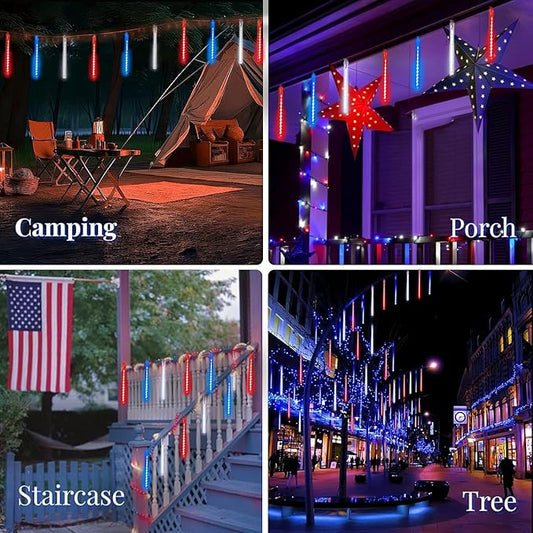 4th of July Decorations Outdoor, USA 250th Anniversary Red White and Blue Solar Meteor Shower Lights, 18 Tubes 432 LEDs Waterproof Patriotic String Lights for Independence National Memorial Day Decor